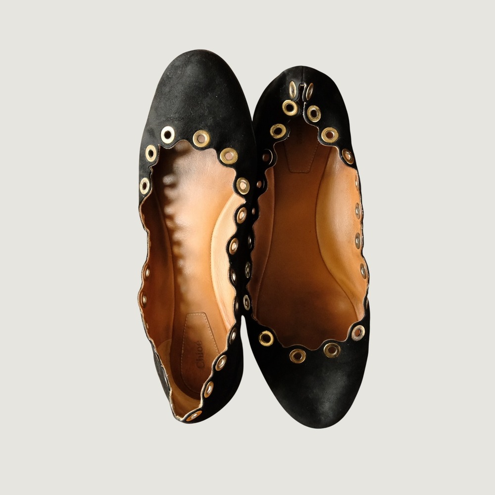 Chloe Lauren Ballet Flats Black Suede Scalloped Grommet Eyelet Shoes Size 38 IT